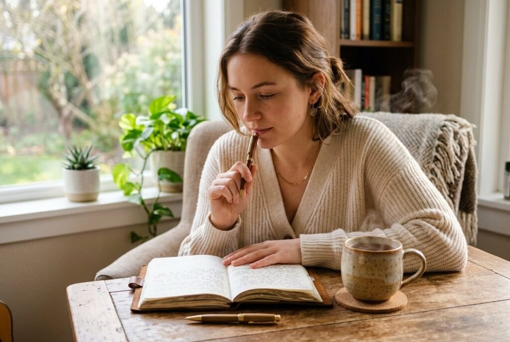 Person engaged in archetype personal growth through honest self-reflection.