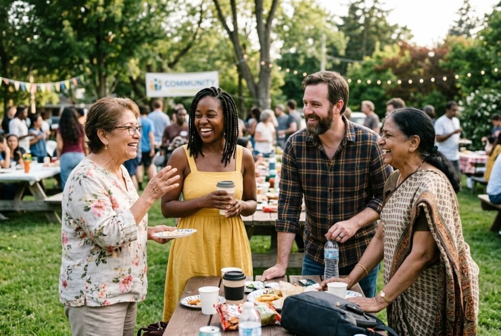 Everyman archetype — neighbors connecting genuinely at a community gathering.
