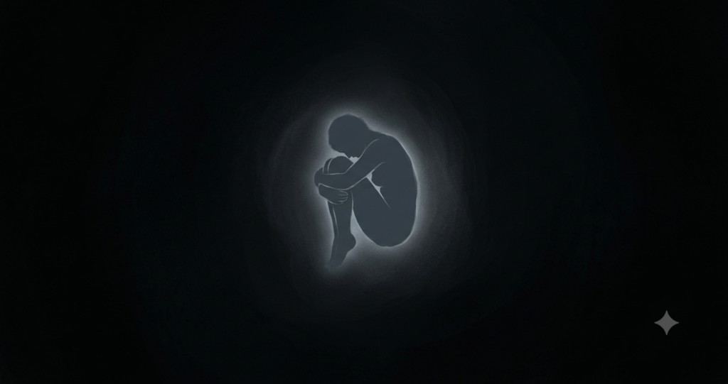 Illustration of dorsal vagal shutdown as a dimmed, curled figure.