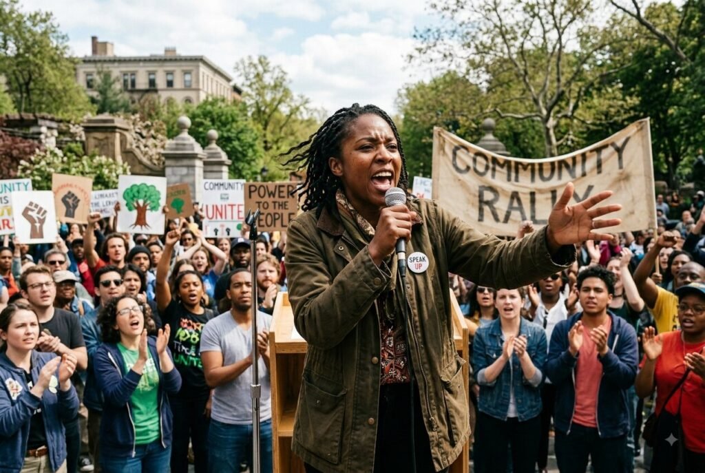 Outlaw archetype career path — activist speaking at a community rally.
