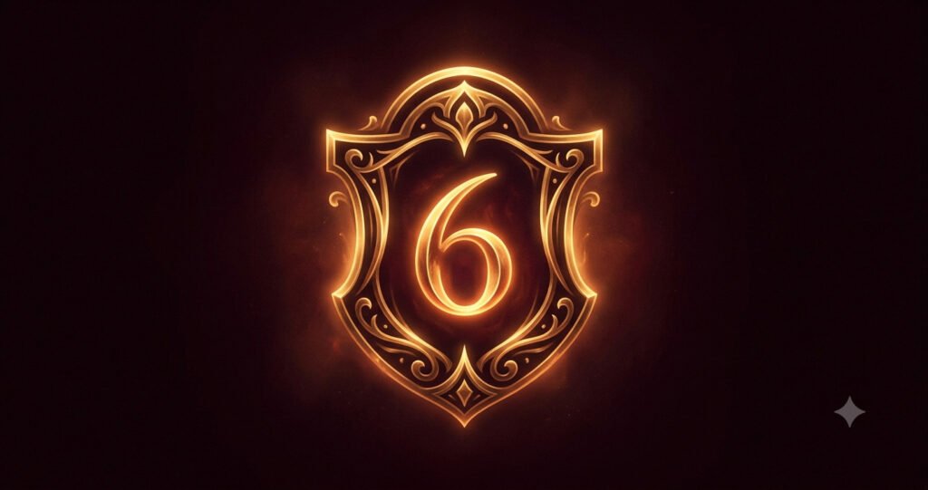 Illustration of Enneagram Type 6, the Loyalist, as a glowing brass number.