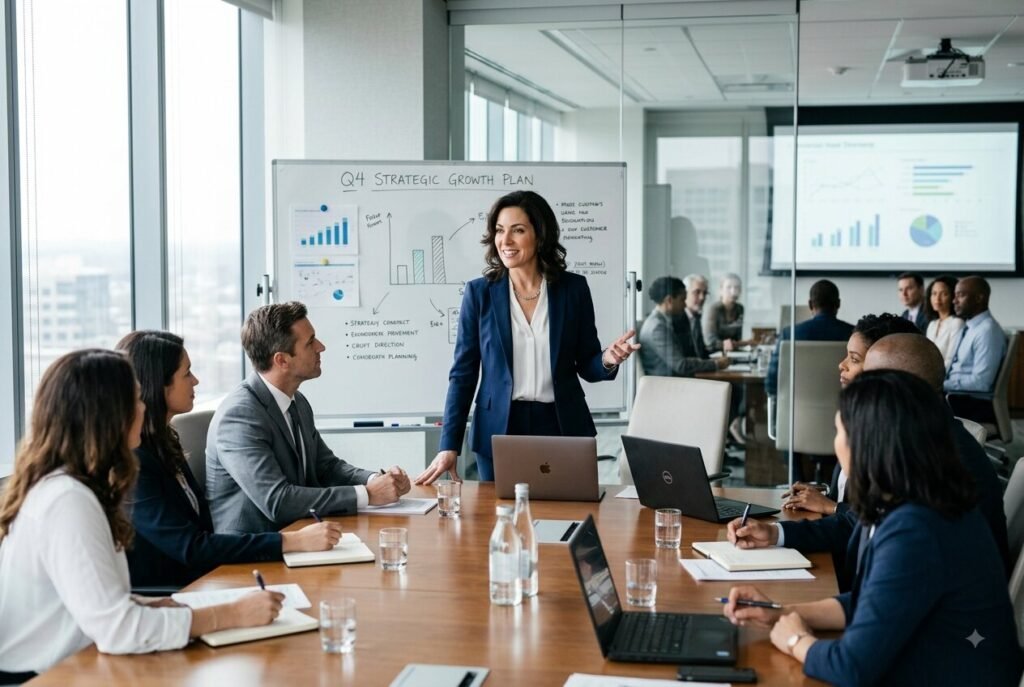 Ruler archetype — leader guiding a strategic planning meeting with confidence.