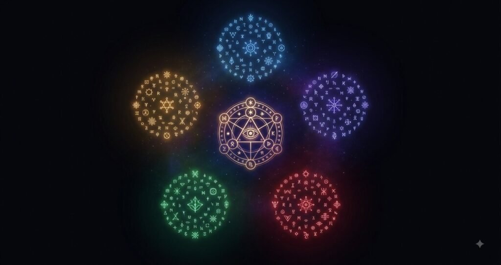 Illustration representing the five archetype categories grouped around a central emblem.