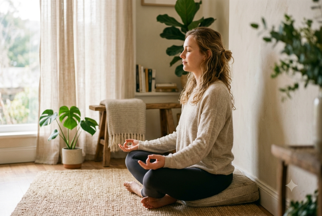 Window of tolerance — Person practicing calm breathing to stay within their window of tolerance.