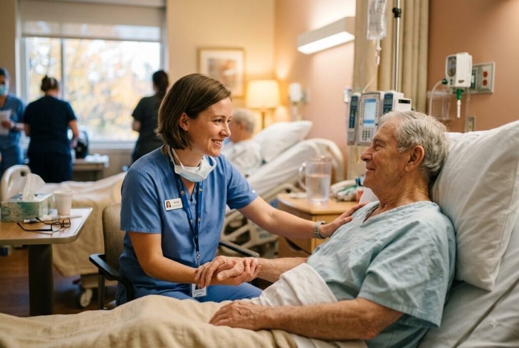 Caregiver archetype career path — nurse providing attentive patient care.