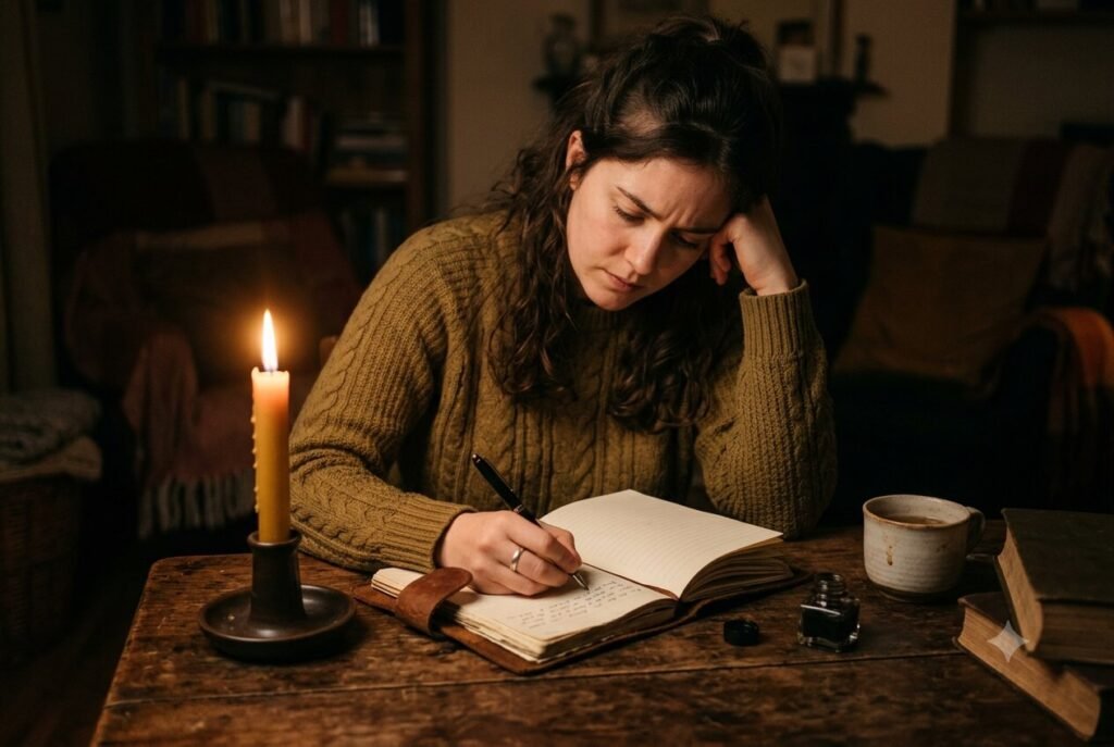 Enneagram Type 4 — person journaling in a deeply reflective moment.