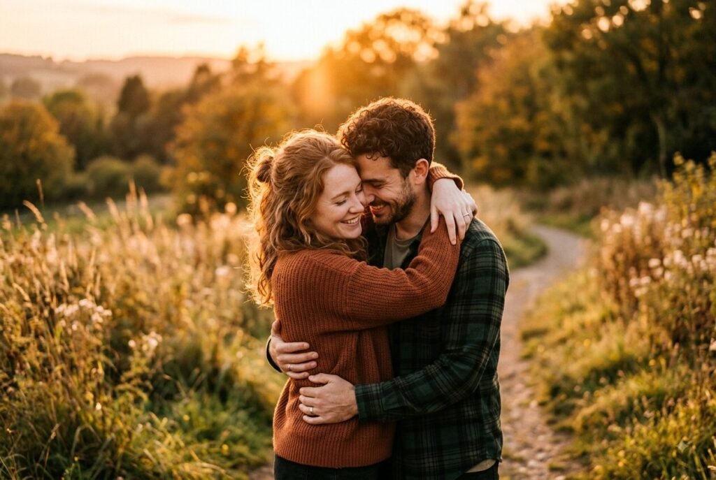 Lover archetype — two people sharing a warm, genuine embrace.