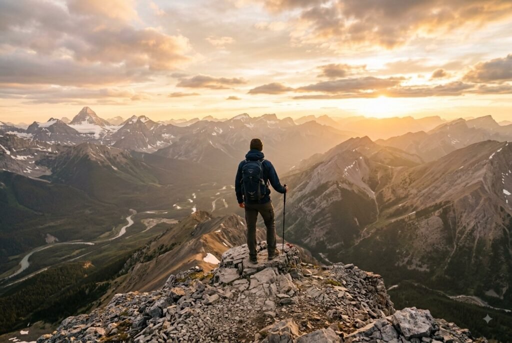 Explorer archetype — person embracing adventure at a mountain summit.