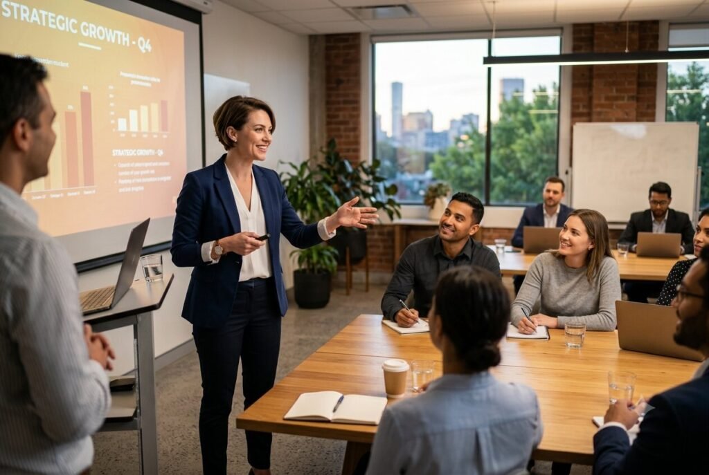 Enneagram Type 3 — person confidently presenting to a team.