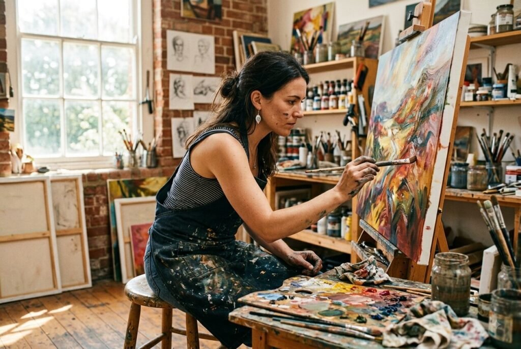 Creator archetype — artist in creative flow within a sunlit studio.