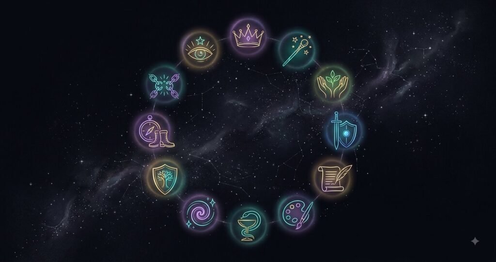 Illustration of the 12 Jungian archetypes arranged in a symbolic circle.