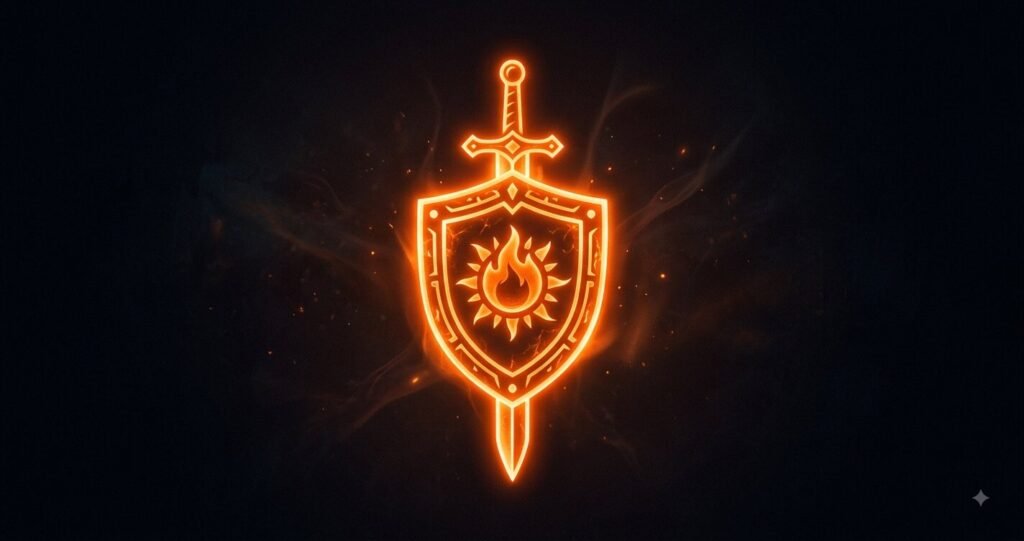 Illustration of the Hero archetype as a glowing orange shield emblem.