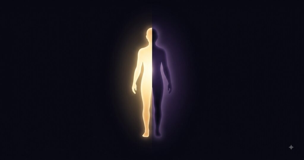 Illustration of a shadow archetype as a figure split between light and shadow.