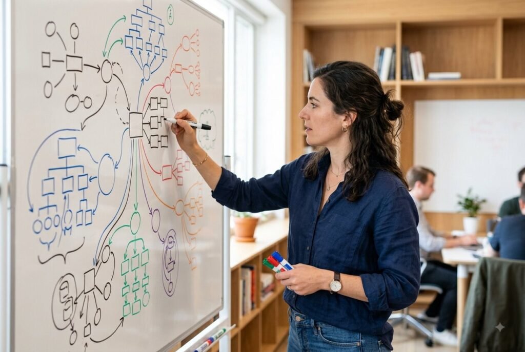 Person organizing archetype categories, representing structured self-understanding.
