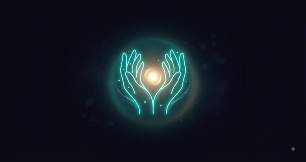 Illustration of the Caregiver archetype as glowing teal protective hands.