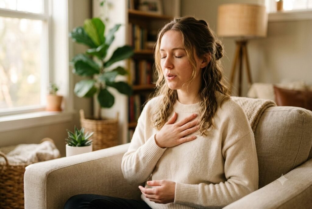Enneagram Type 1 practicing a calming moment to quiet the inner critic.