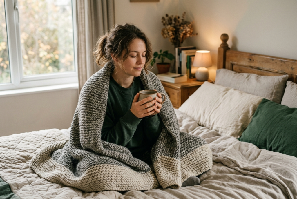 Person wrapped in a blanket, a warming technique for dorsal states.
