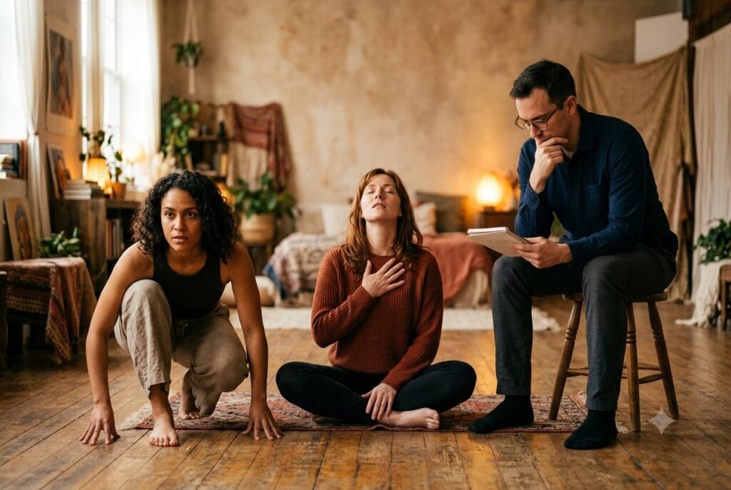 Three people representing the gut, heart, and head centers of the Enneagram.