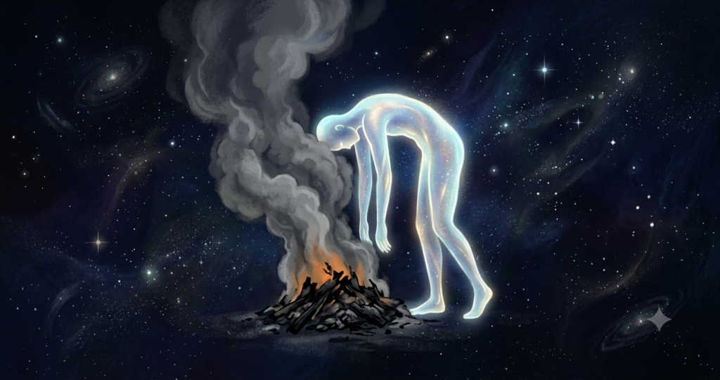 Illustration of burnout as a dimmed flame and slumped figure.