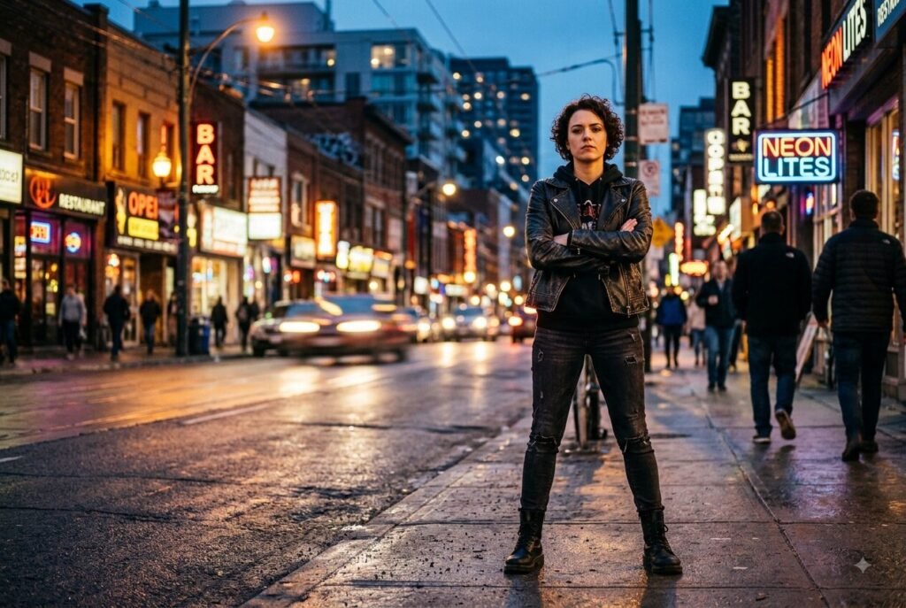 Outlaw archetype — person standing with defiant confidence in an urban setting.