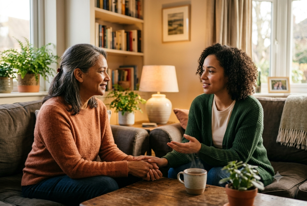 Two people in a supportive conversation, illustrating co-regulation.