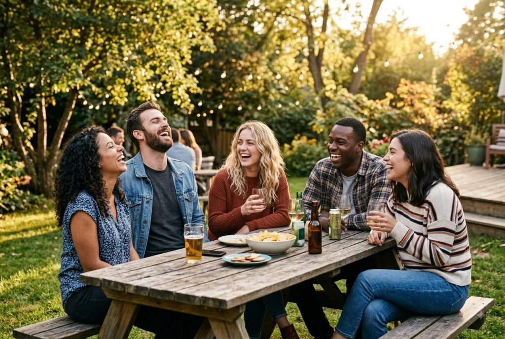 Jester archetype — friends sharing genuine laughter and joy.