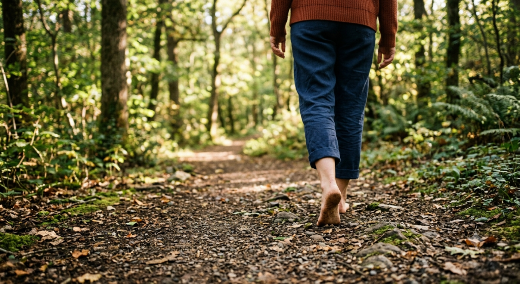 Nervous system regulation techniques — Person grounding themselves, a technique for sympathetic activation.