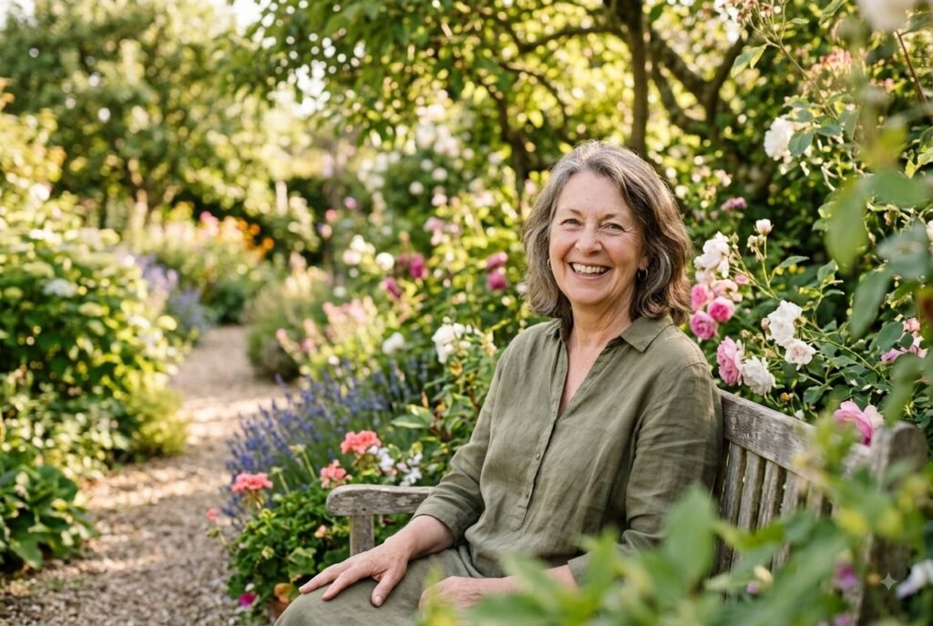 Innocent archetype — person expressing warmth and optimism in a sunlit setting.