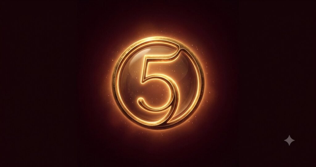 Illustration of Enneagram Type 5, the Investigator, as a glowing brass number.