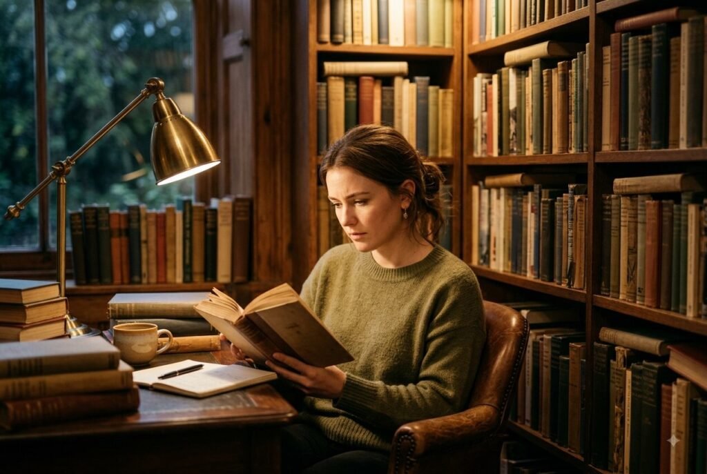 Sage archetype — person deep in focused study and analysis.