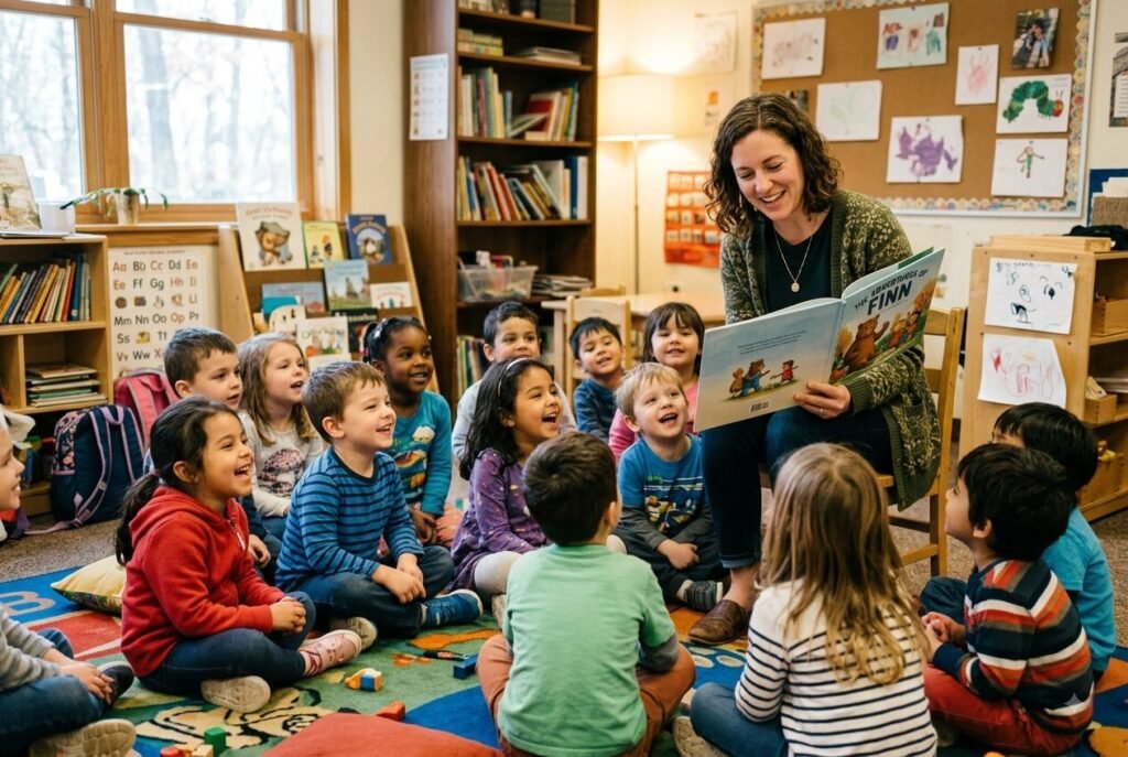 Innocent archetype career path — teacher reading to children in a warm classroom.