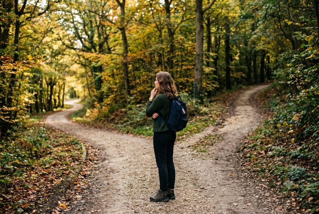 Person considering two paths, representing the choice between two possible Enneagram wings.