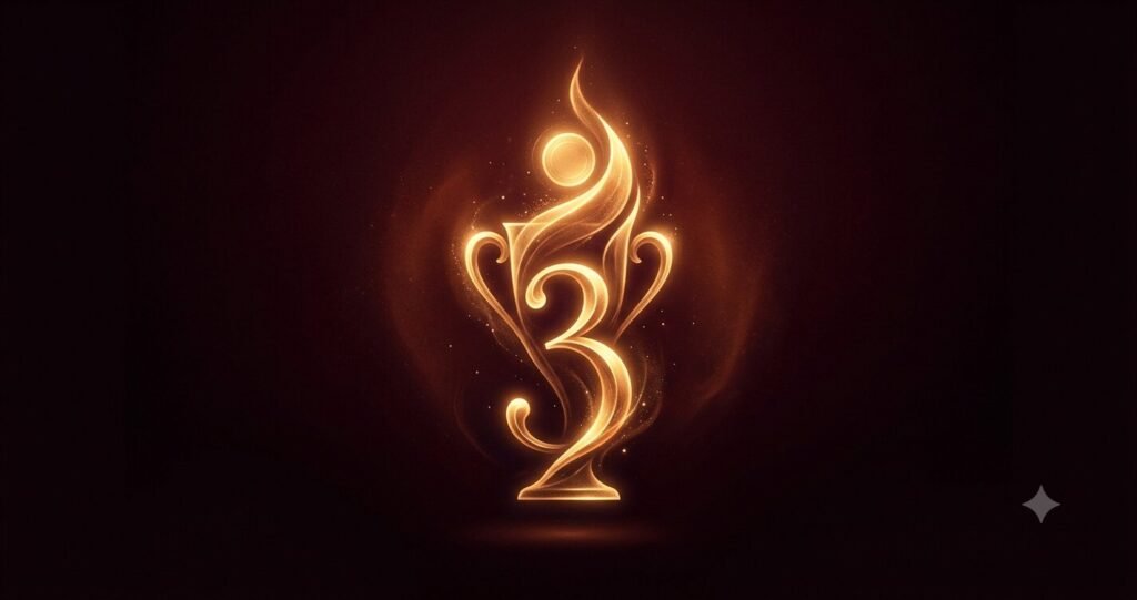 Illustration of Enneagram Type 3, the Achiever, as a glowing brass number.