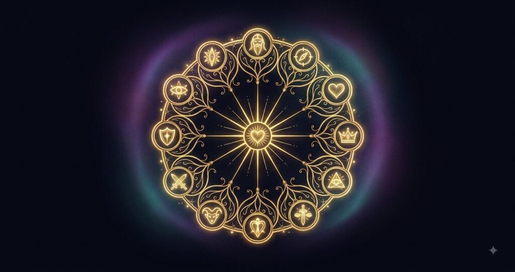 Illustration of brand archetypes as a glowing emblem of twelve symbols.
