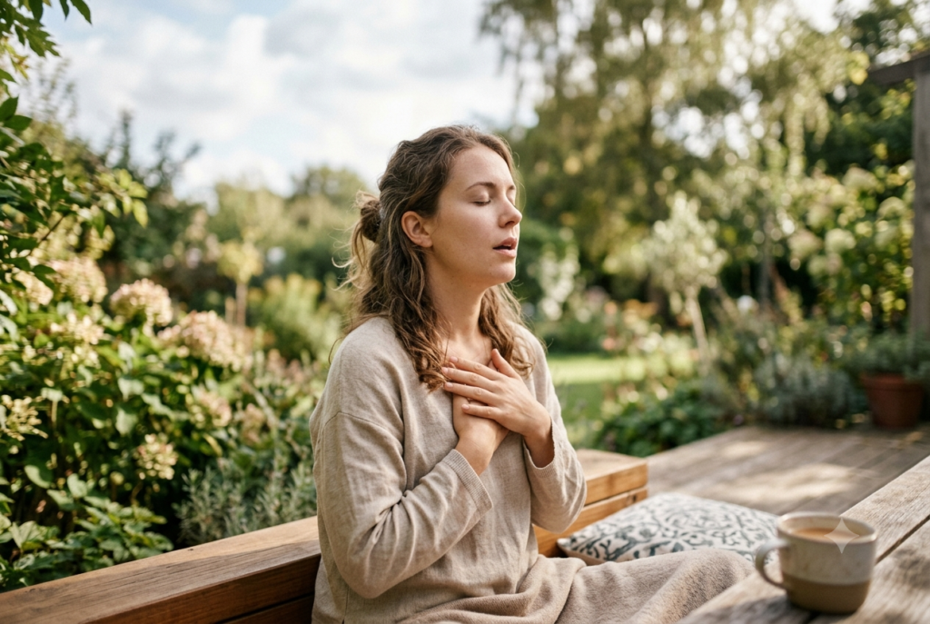 Person calming their nervous system with deep breathing.
