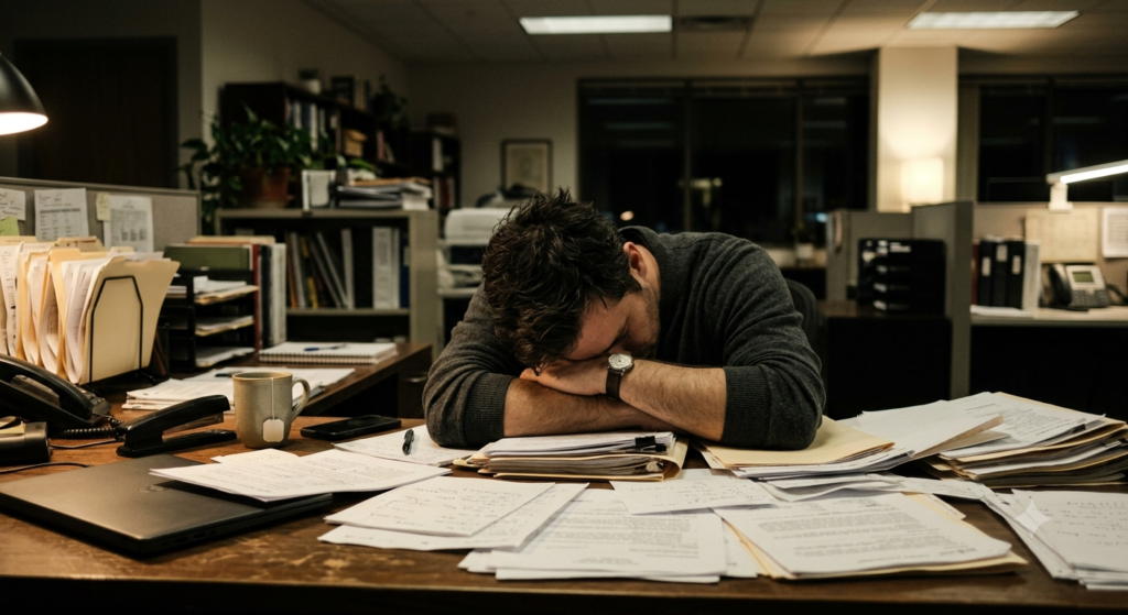 Burnout nervous system — Exhausted person at their desk, showing signs of burnout.