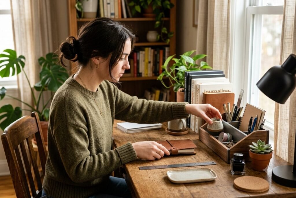 Enneagram Type 1 — person carefully organizing with focused attention to detail.