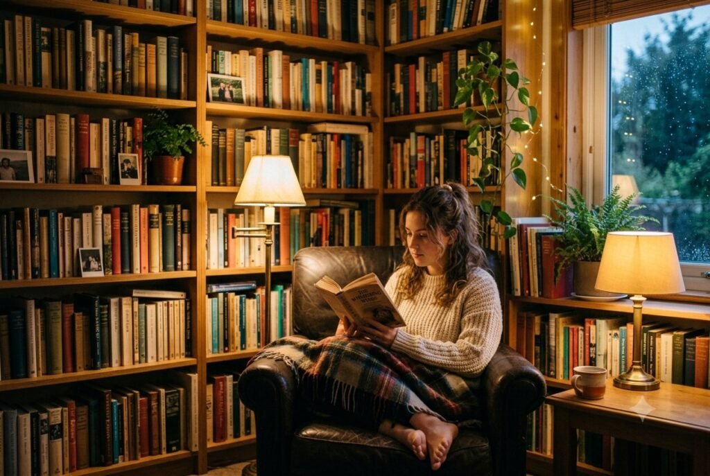 Enneagram Type 5 — person reading quietly, recharging alone.