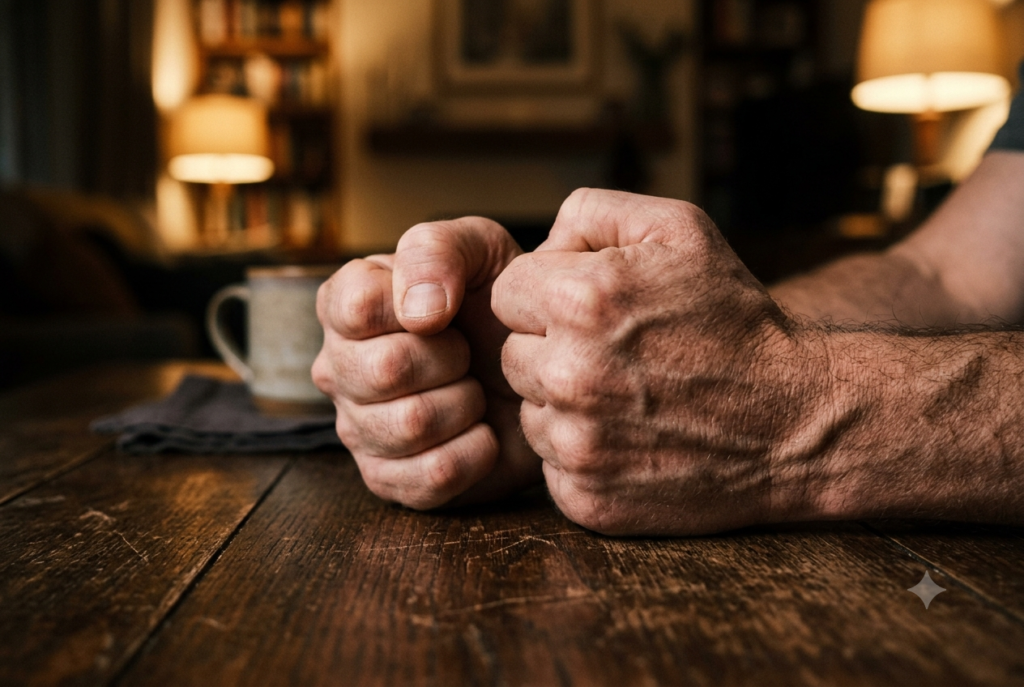 Fight flight freeze fawn — Close-up of clenched hands showing a fight stress response.
