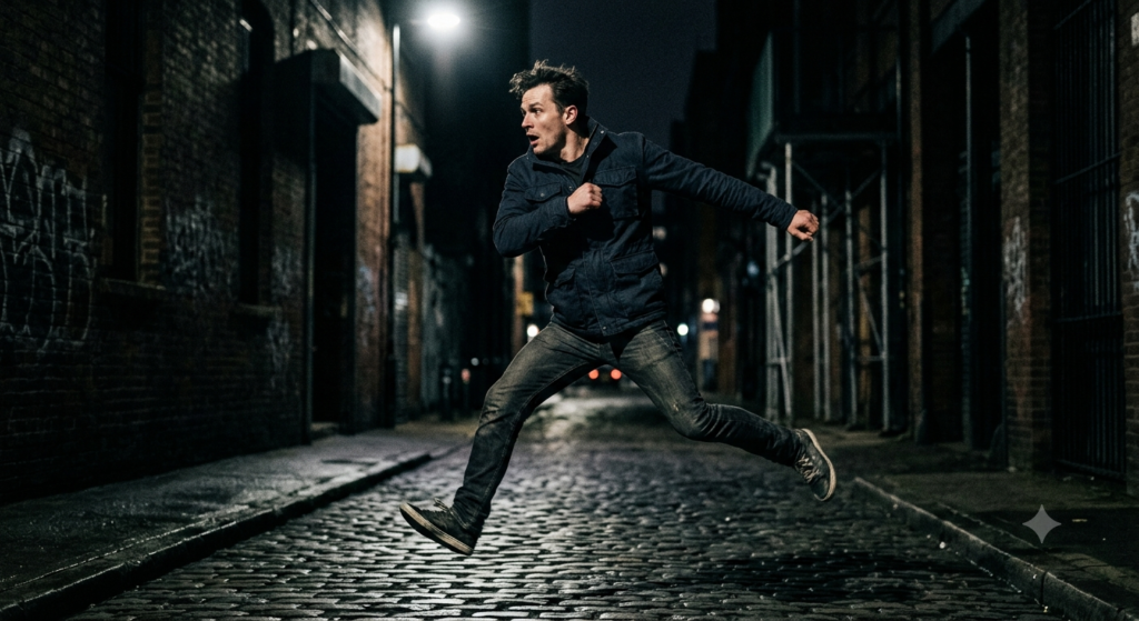 Blended freeze — Person frozen mid-motion, illustrating blended freeze.