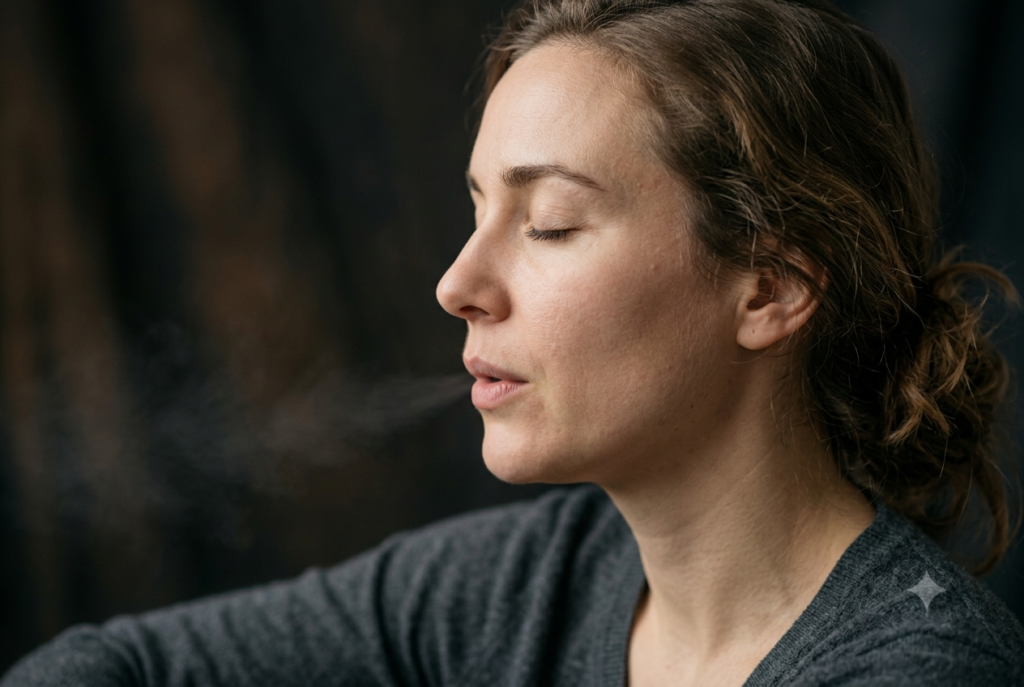 Close-up of a calm exhale, illustrating breathwork practice.