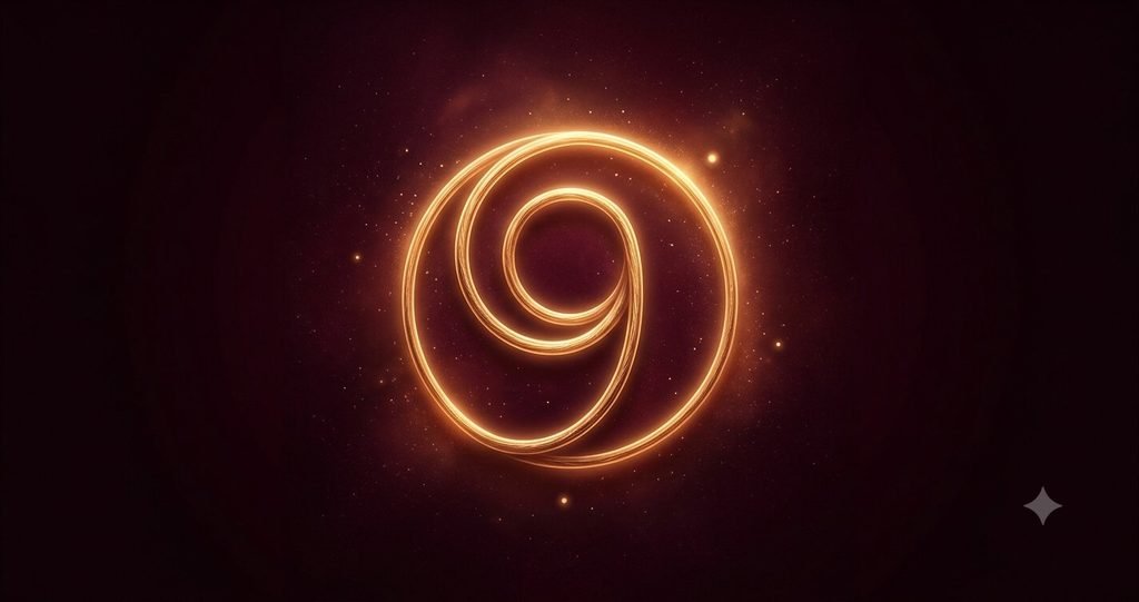 Illustration of Enneagram Type 9, the Peacemaker, as a glowing brass number.