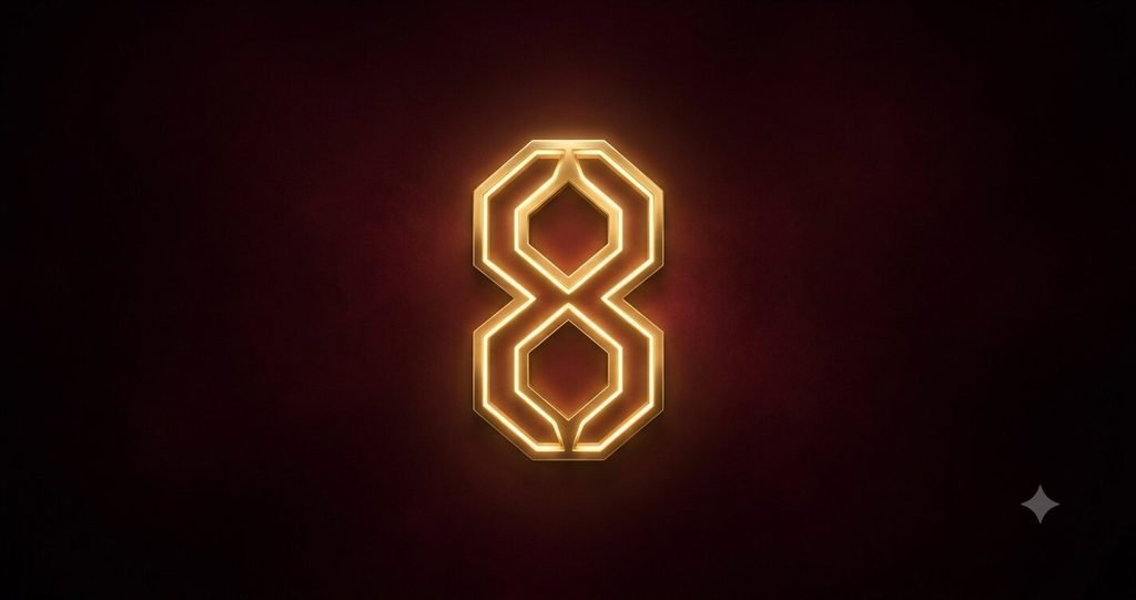 Illustration of Enneagram Type 8, the Challenger, as a glowing brass number.