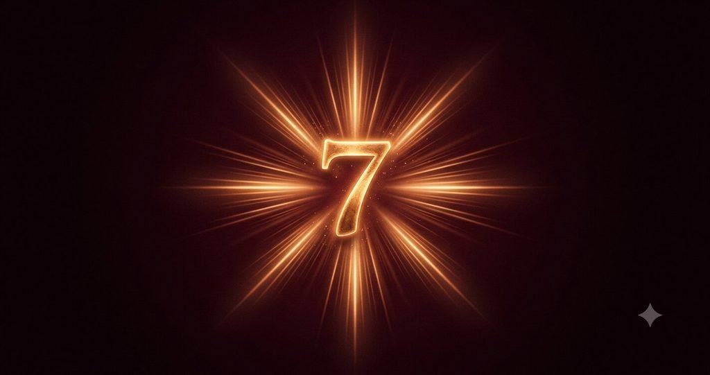 Illustration of Enneagram Type 7, the Enthusiast, as a glowing brass number.