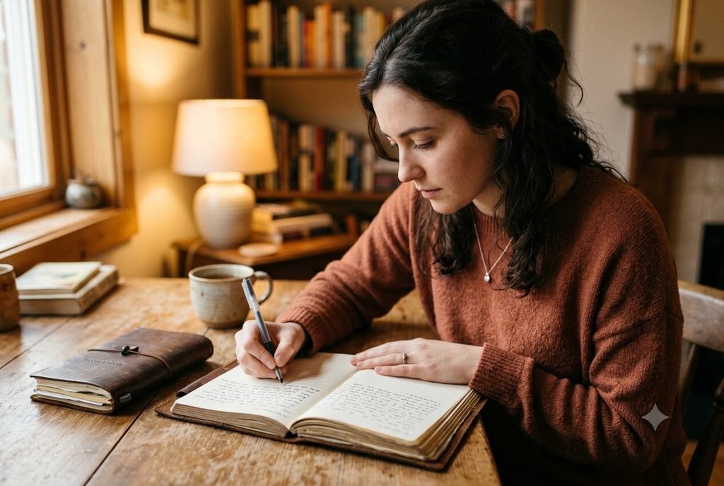 Person journaling honest answers while searching for their Enneagram type.